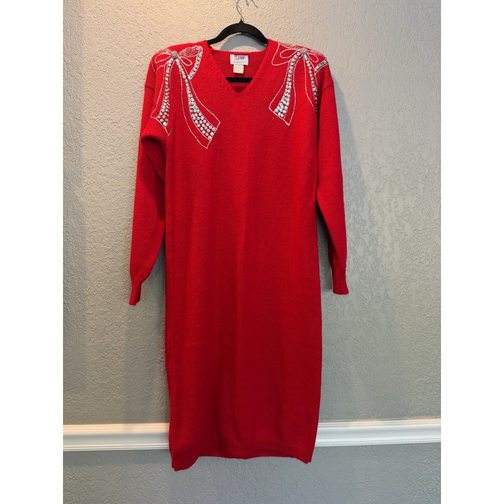 Vintage TJW‎ Mervyns Red Sequin Bow Embellished Knit Sweater Dress Holiday